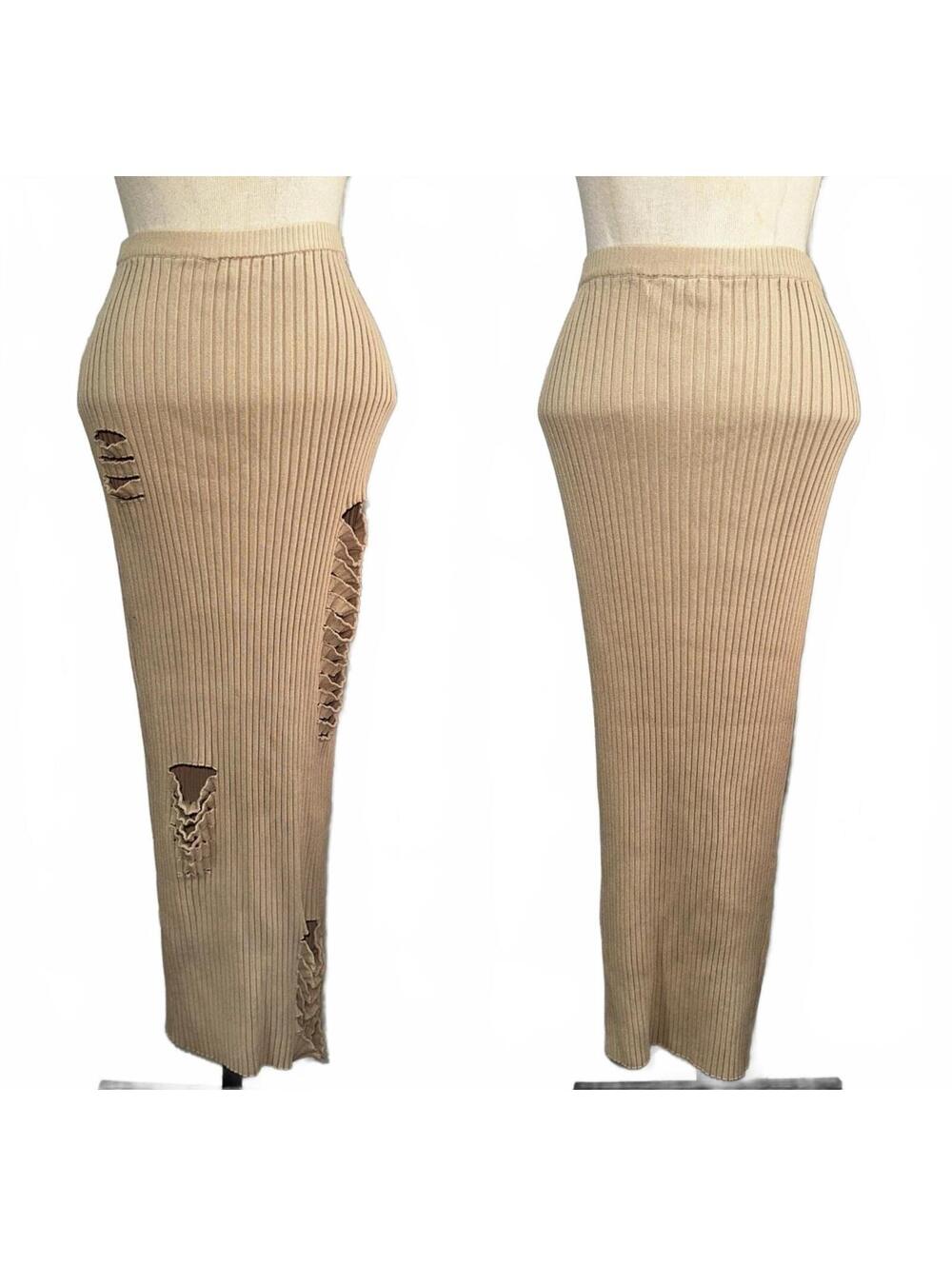 Fashion Nova Ribbed Knit Distressed Slit Maxi Skirt XL